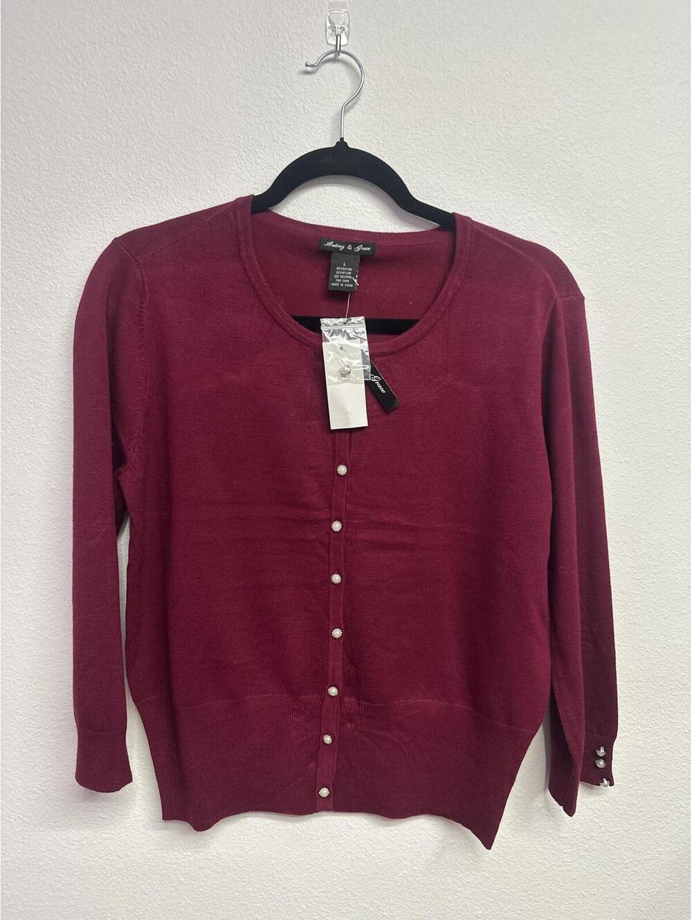 Audrey & Grace Large Deep Wine Cardigan with Pearl Buttons